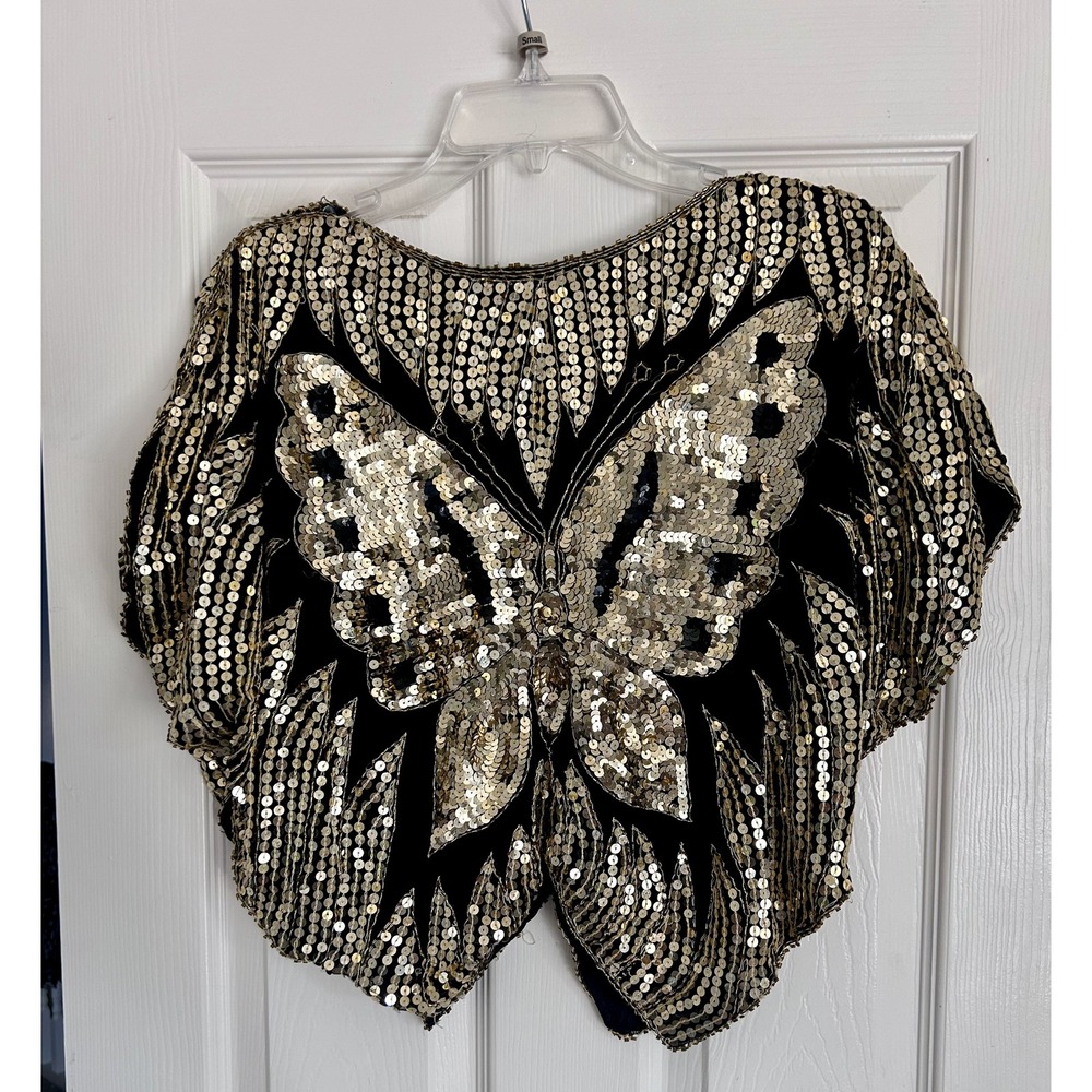 Vintage India Kings Kenar Silk Beaded Sequin Vest Gold Butterfly Peacock Y2K L